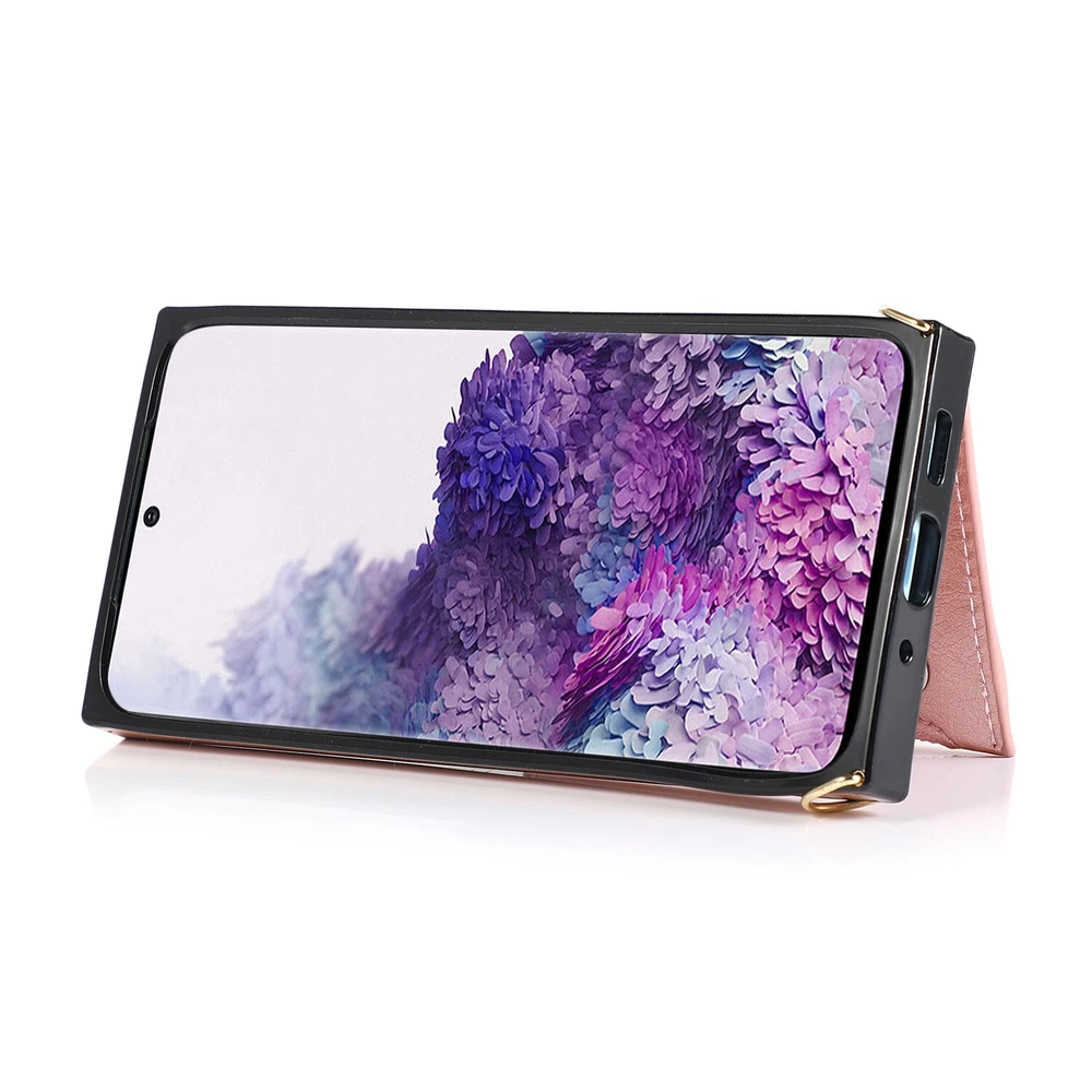 Phone Case PU Leather Credit Bank Card Holder Back Cover Shoulder Strap Cord