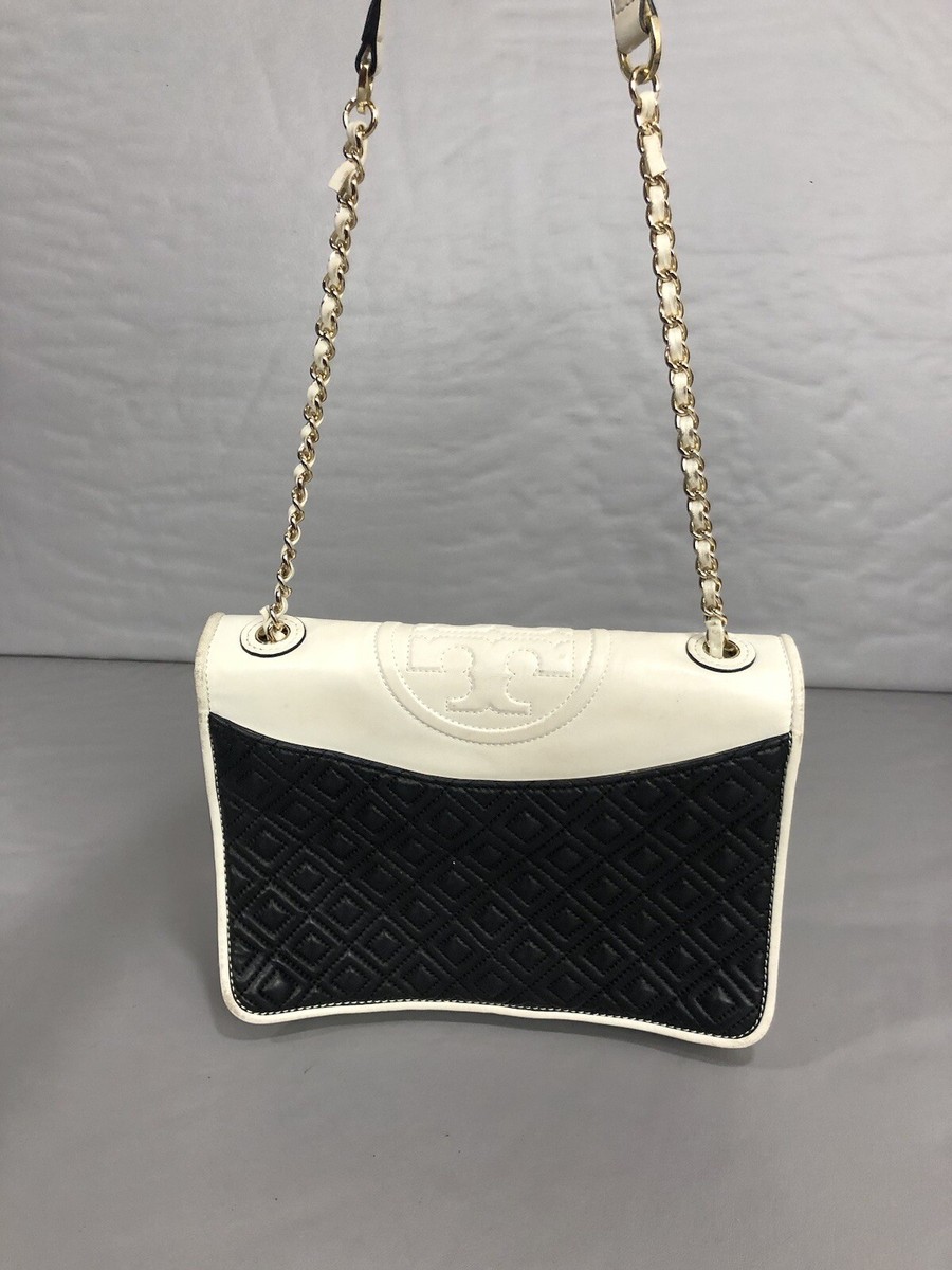 Tory Burch Fleming Leather Small Black White Crossbody Chain
