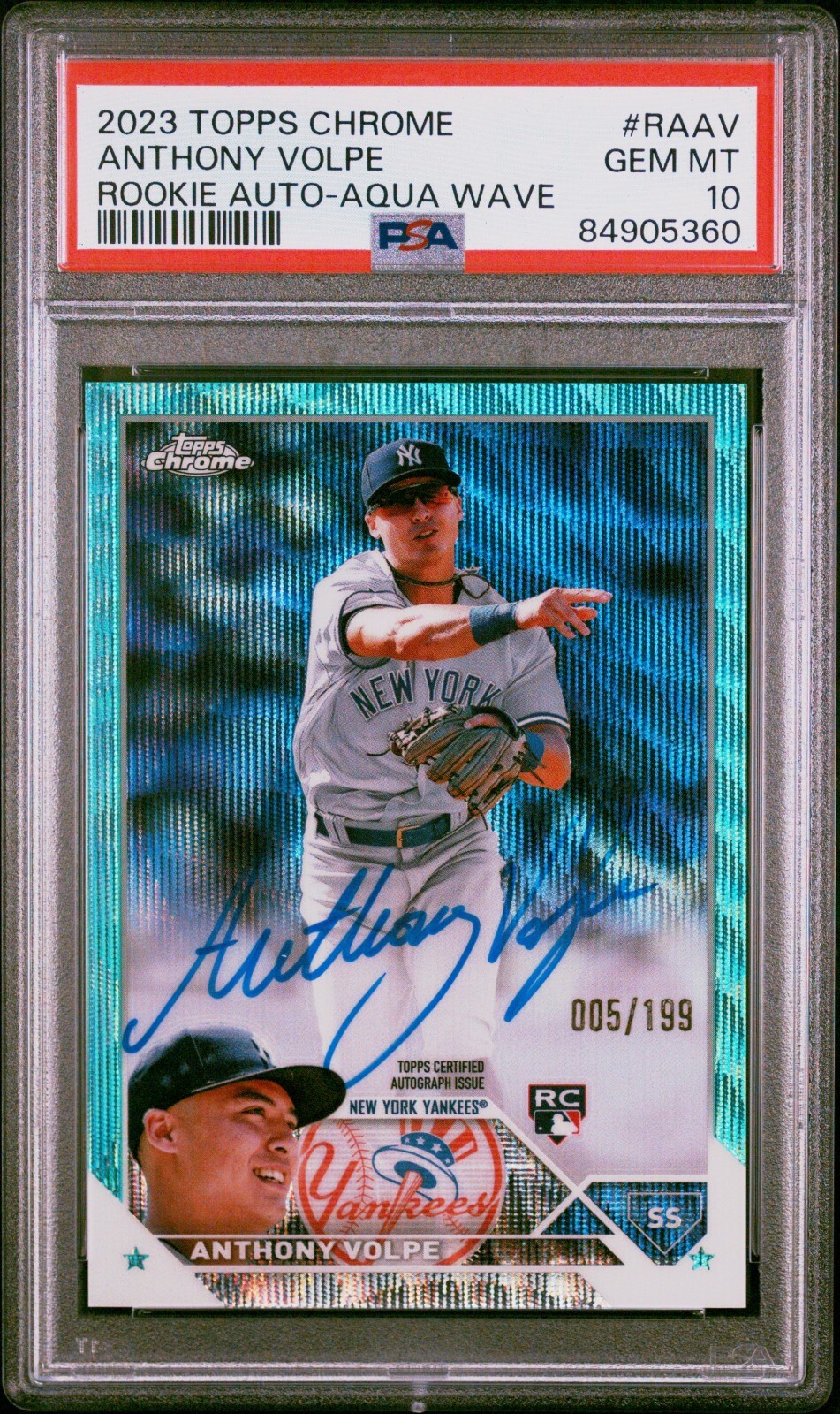 Anthony Volpe 2023 Topps Chrome Aqua Wave Rookie Card Auto 005/199 PSA 10