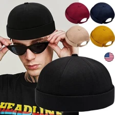 Men Retro Hat Skull Cap Beanie Cotton Rolled Cuff Brimless Adjustable Painter US