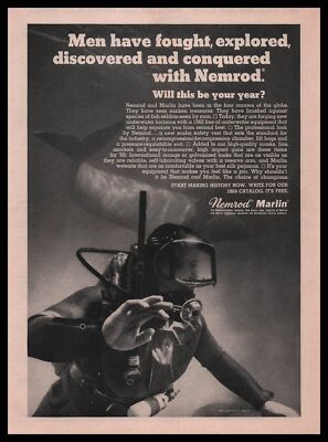 1968 Nemrod Marlin Skin Diving Equipment Diver Photo New York Aquarium Print Ad