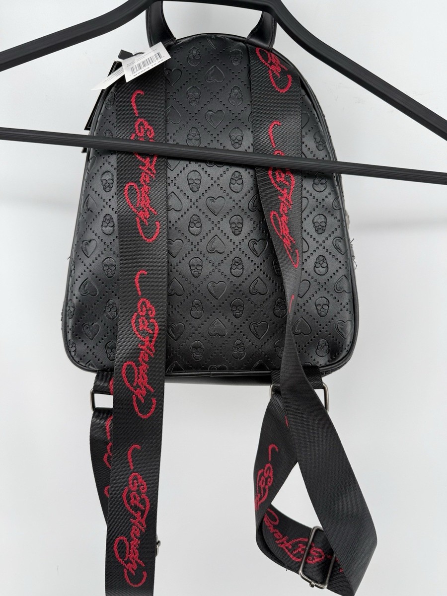 NEW ED HARDY Cara Black Heart Skull Print Mini Vegan Backpack
