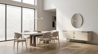 Esszimmer Set Beige Textil Modern Einfarbig 6 StüHle Sideboard Spiegel