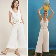 by Anthropologie Cape Code Linen Blend Wide Leg Sleeveless Jumpsuit Ivory Size 0