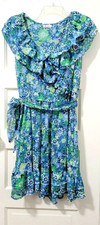 FLASH SALE Womens Olsenboye SHEER Ruffle Fit Flare Dress Large Green Blue Floral