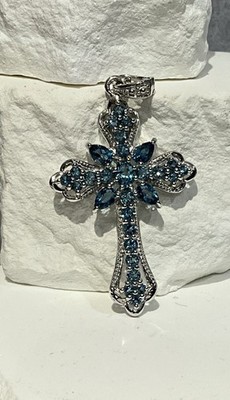 Bella Luce Cross Blue CZ Rhodium Over .925 Sterling Silver Pendant
