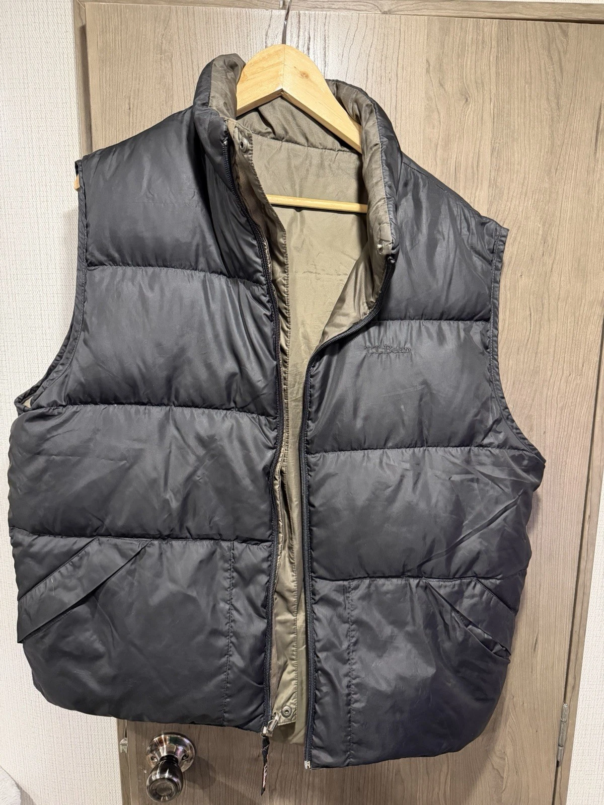 LL Bean Puffer Vest Mens XL Black Goose Down Full Zip Reversible Hiking Outdoors