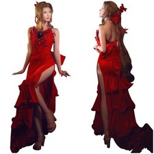 FF VII Remake FF7 Aerith Gainsborough Cosplay Costume Girl Red Dress Chain Full