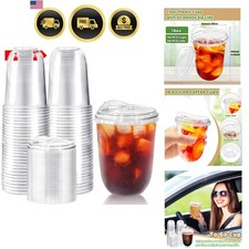 50 Pack Clear Plastic Cups with Strawless Sip Lids,16 oz Iced Coffee Cups wit...