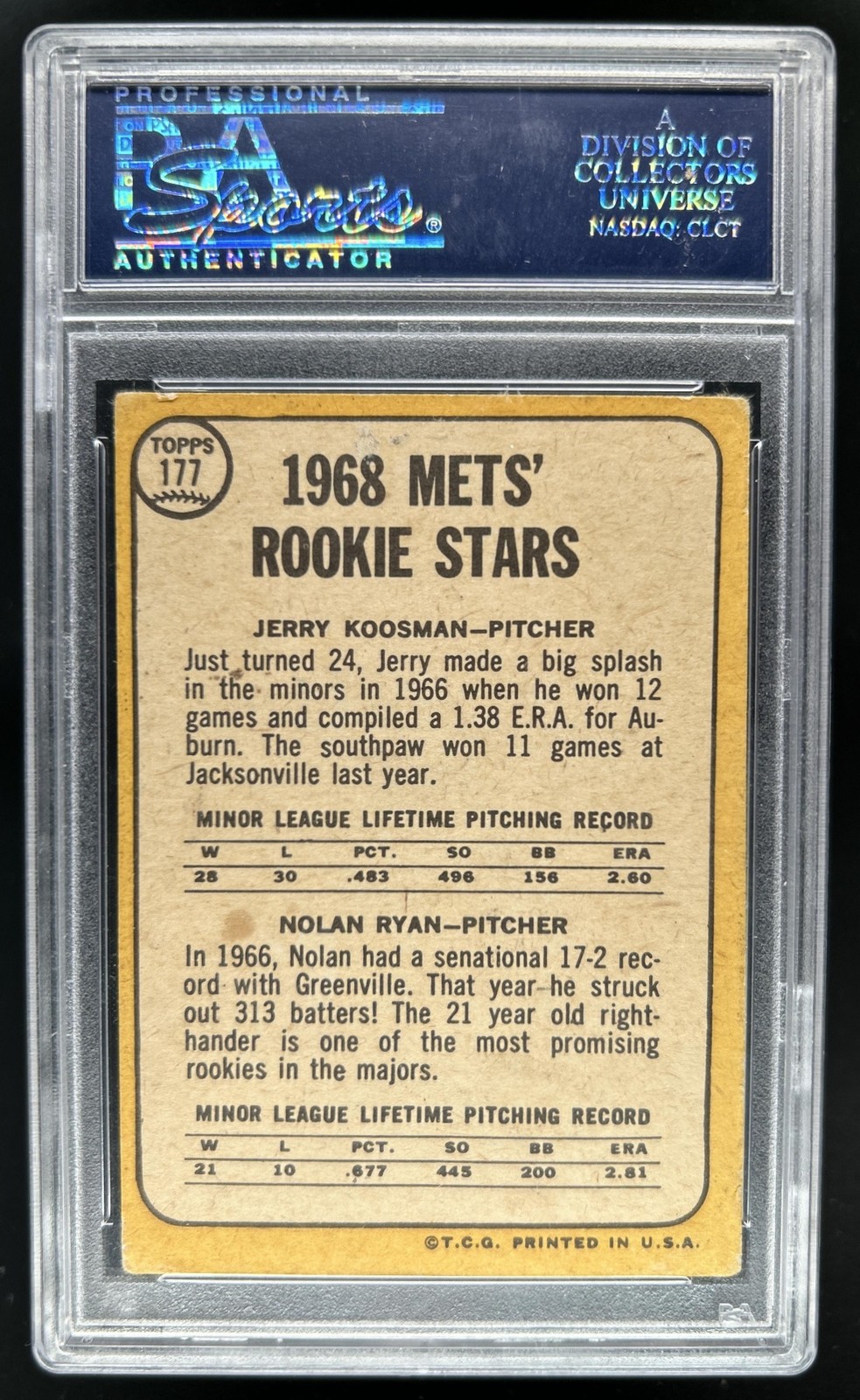 1968 Topps Mets Rookie Stars Jerry Koosman Nolan Ryan Rookie RC #177 PSA Auto 9 view 2