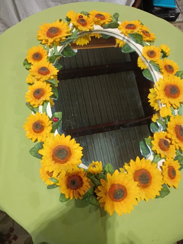 Espejo girasol cerámica porcelana vintage 18" × 24" hallazgo raro, sin comparación Foto 2 de 4