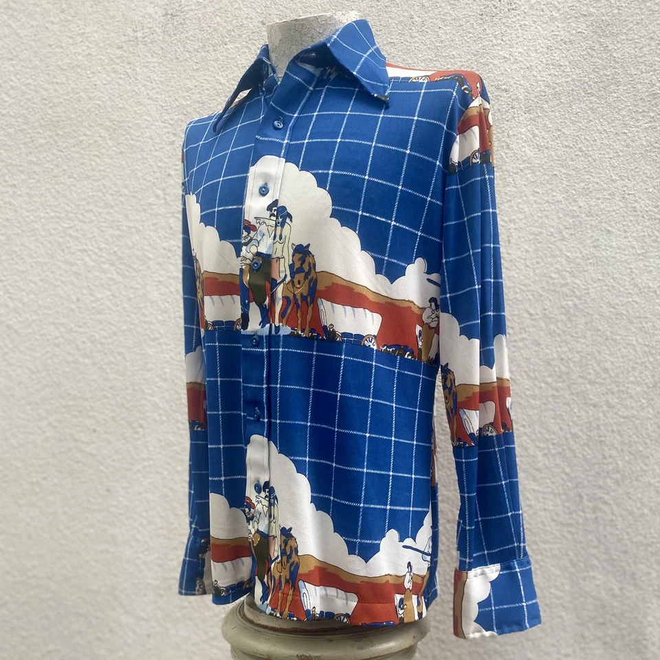 Vintage 1970s Huckapoo Men’s Blue Check Western Theme Button Up Nylon Shirt M - Image 3 of 4