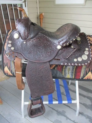 14'' Circle Y Semi bars Tooled Western Equitation show Saddle w/ German Silver - Image 1 of 4