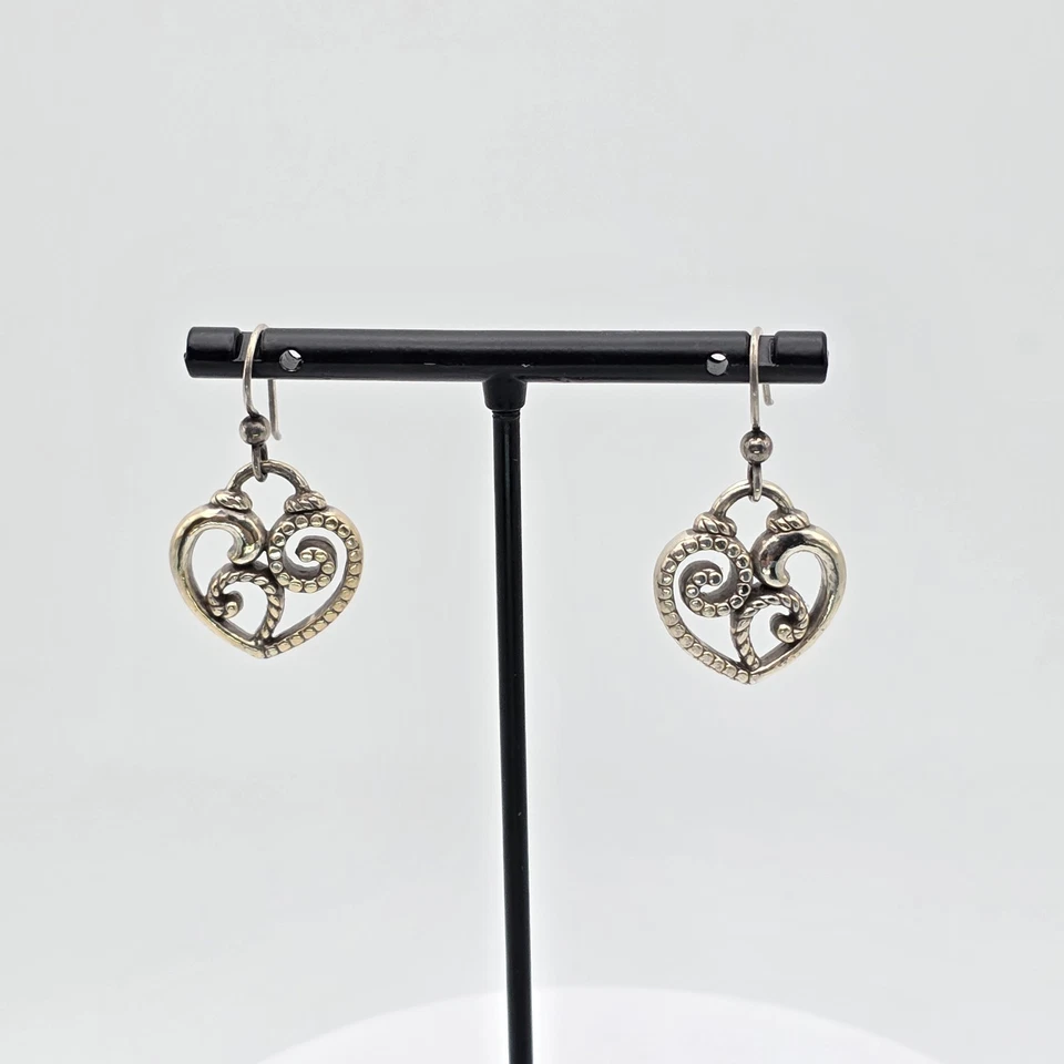 Vintage BRIGHTON Heart Cutout Earrings Filigree  Silver Plate Dangle Drop 1.25" - Image 2 of 4