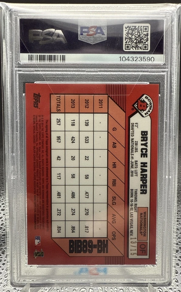 2014 Bowman Chrome Bryce Harper 89 Bowman Back Black Refractor Auto /15 - Image 2 of 3