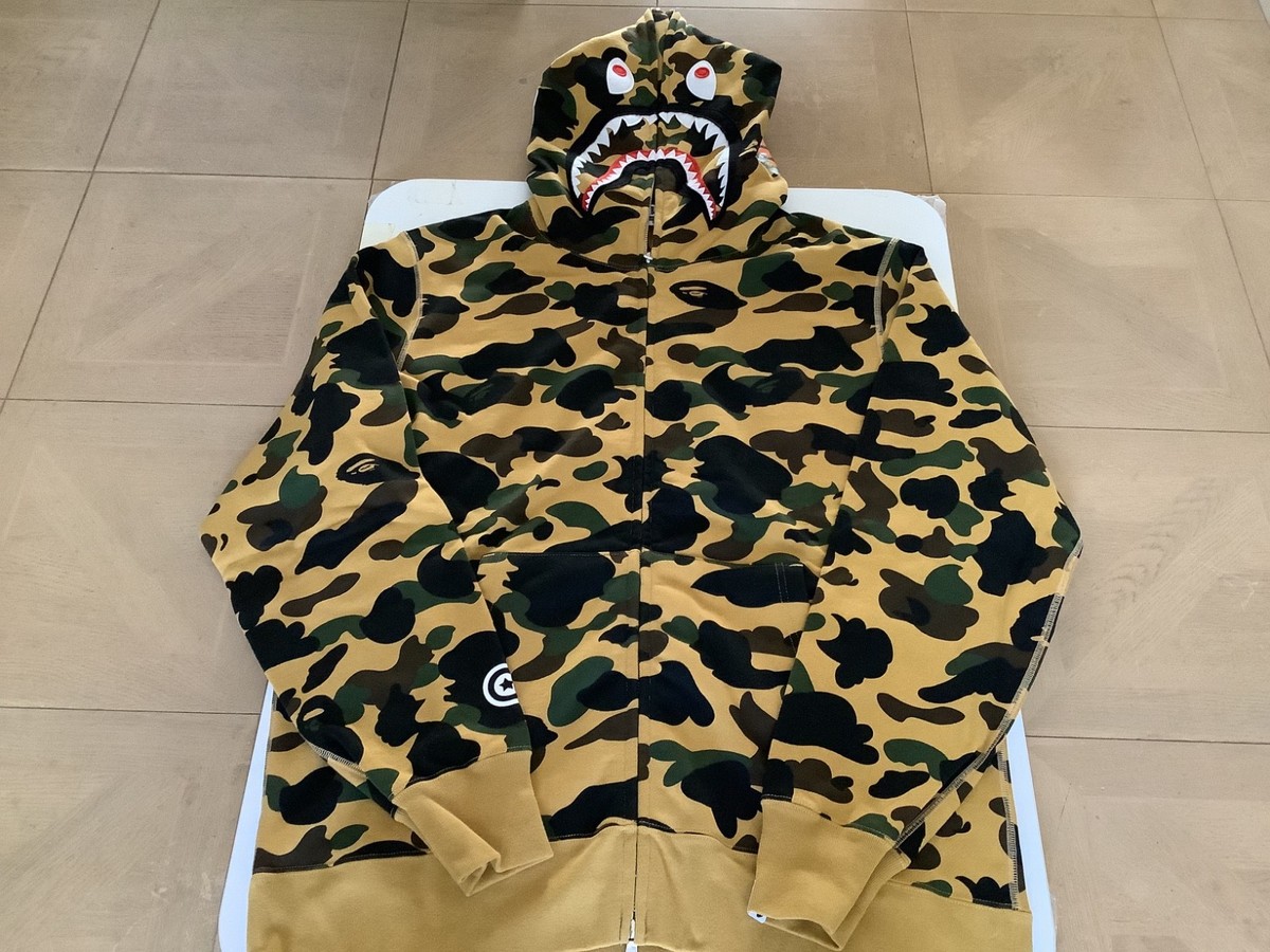 Authentic a bathing ape bape 1st camo shark full zip hoodie yellow