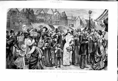 Alter antiker Druck 1881 Royal Albert Hall South Kensington English Fayre 19th