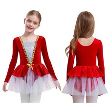 Girls Ice Skating Long Sleeve Velvet Lyrical Ballet Dancewear Christmas Dress