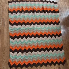 Vintage  Afghan Blanket Chevron Crochet Lap Zig Zag Fall Colors 63” X 47”