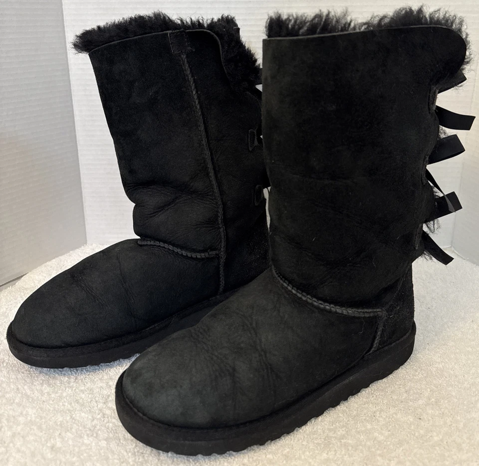 UGG Womens Black Bailey Triple Bow Suede Sheepskin Boots Size 6 - Image 3 of 4