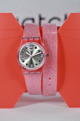 New Swiss Swatch Brillante Grey Dial Pink Glitter Silicone Watch LP132 25MM Wrap