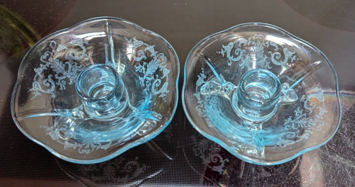 VTG Pair Fostoria Glass Co JUNE ETCH AZURE BLUE #2394 Three-Toed Candlestick!