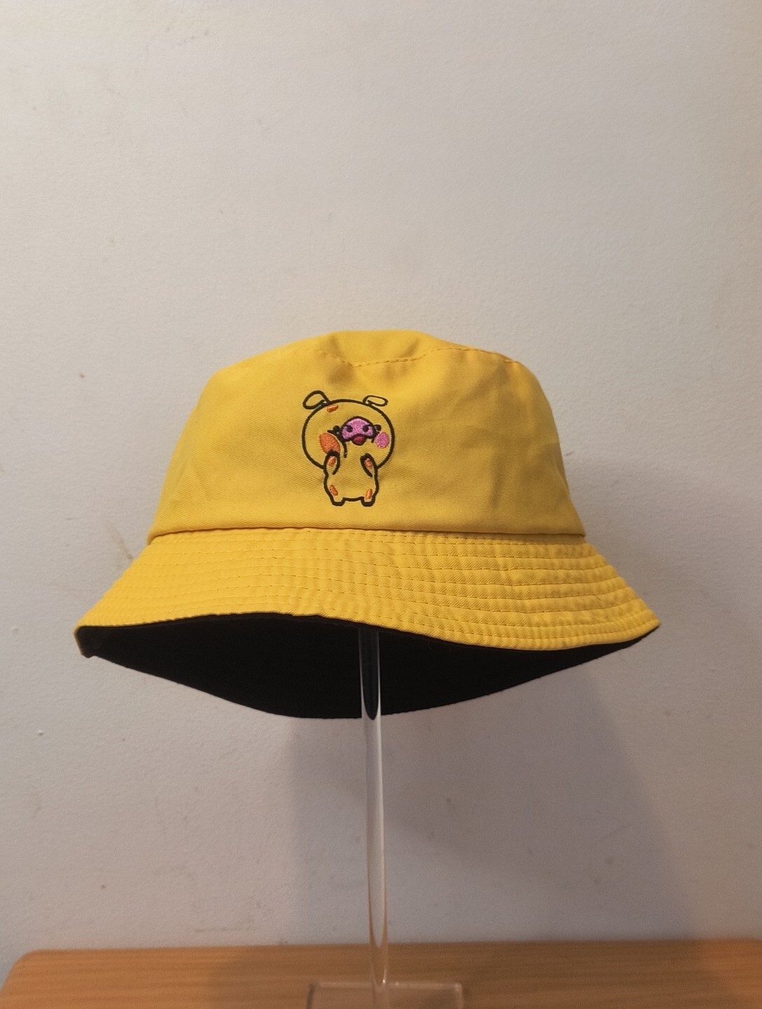 Reversible Kids Cartoon Pig Bucket Hat Black Yellow Bok Choy Design-image