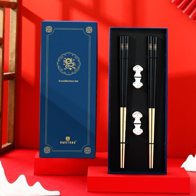 Edelstahl Chopsticks 2 Paar Stäbchen Essstäbchen Geschenk Set Ablagebank Schwarz
