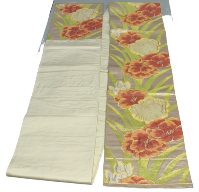 Japanese Vintage Kimono Fukuro Obi silk Beige expensive Flower 166.9x12.2in