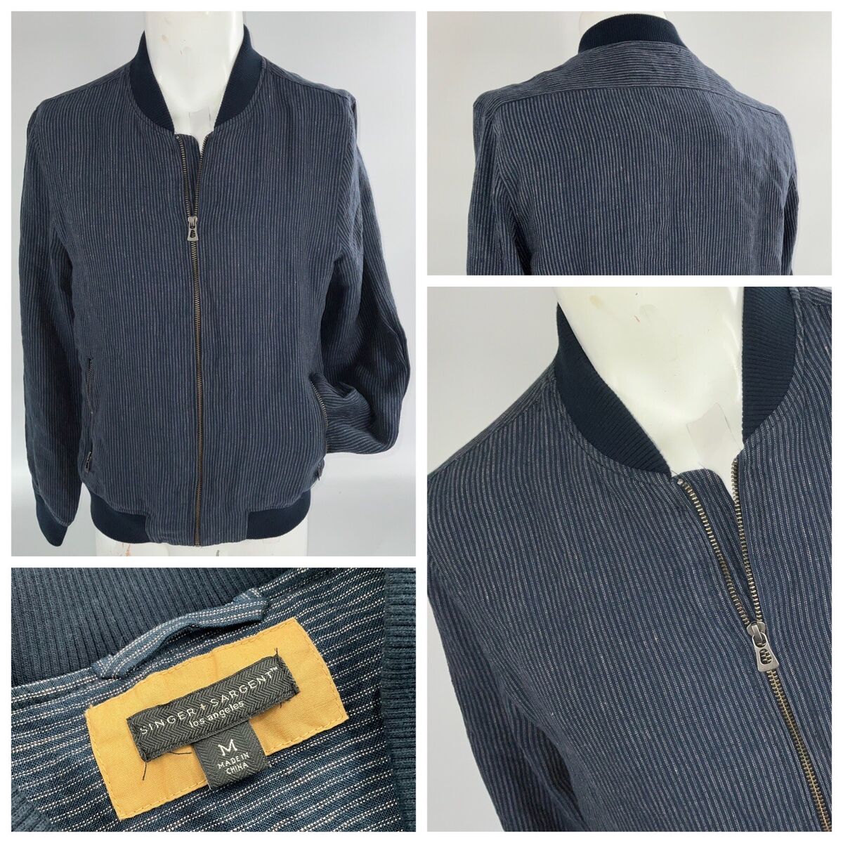 Singer + Sargent Bomber Jacket Men's M Navy Striped Linen Singer + Sargent Bomber Jacket Men's M Navy Striped Linen