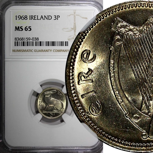 Ireland Republic Copper-Nickel 1968 3 Pence NGC MS65 Hare KM# 12a (038)
