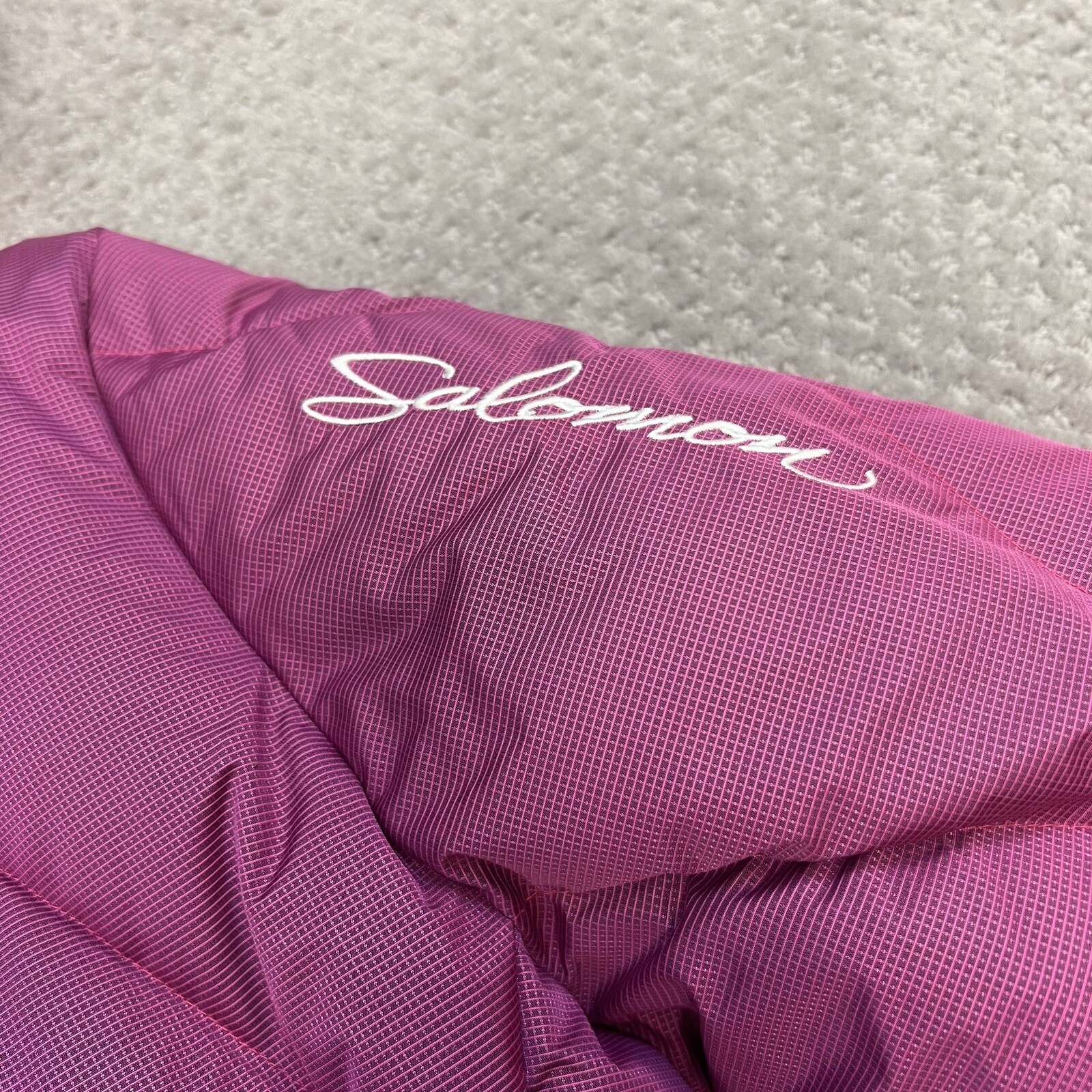 Salomon giacca tampone sci piuma piena di piume da donna taglia small pelliccia sintetica