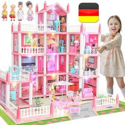 Puppenhaus Spielzeughaus Barbiehaus Puppenstube Puppenvilla 4 Etagen LED Licht