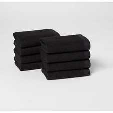 8pk Antimicrobial Washcloth Set Black: Midweight Cotton Terry, Machine Washable