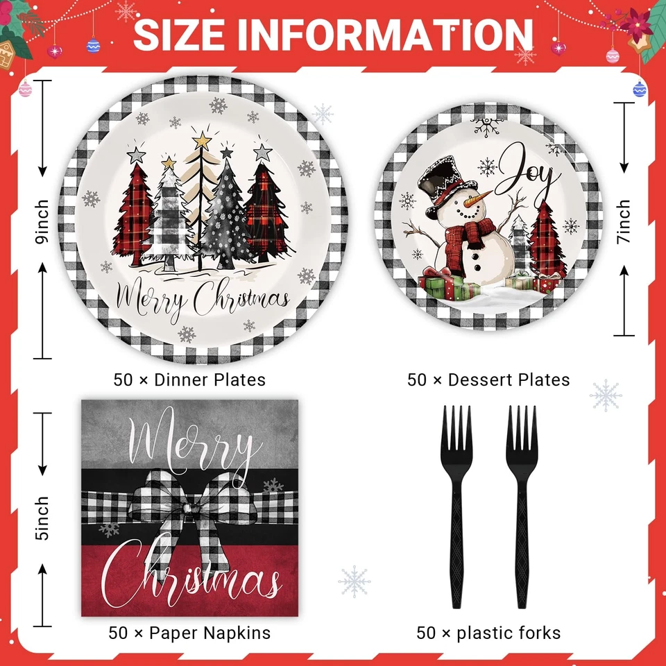 200 PCS Christmas Party Plates Napkins Farmhouse Tableware Set Buffalo Plaid ... - Image 2 of 4