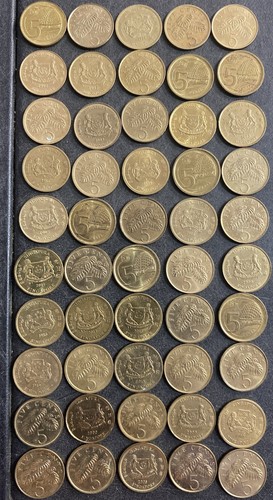 50 Singapore 5 Cents Coins - 50 x .05 SGD Dollars. Uncommon Vintage