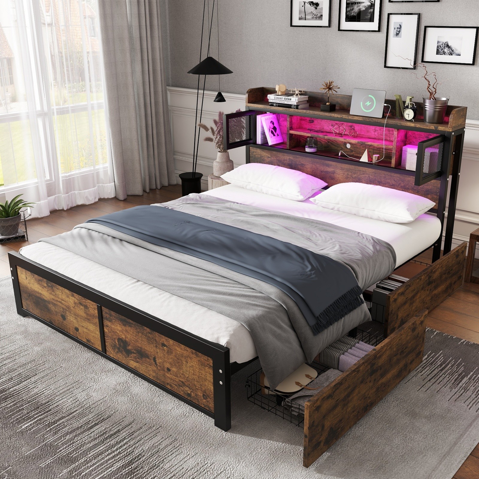 Yaheetech 4ft6 Double Bed Frame Metal Platform Bed with Storage/Sparkling Star-Inspired Design Headboard/Solid Slatted Bed Base/No Box Spring Needed Black 11 4ft6 Double Bed Frame Metal Slatted Bed Platform with Headboard & Storage Drawer