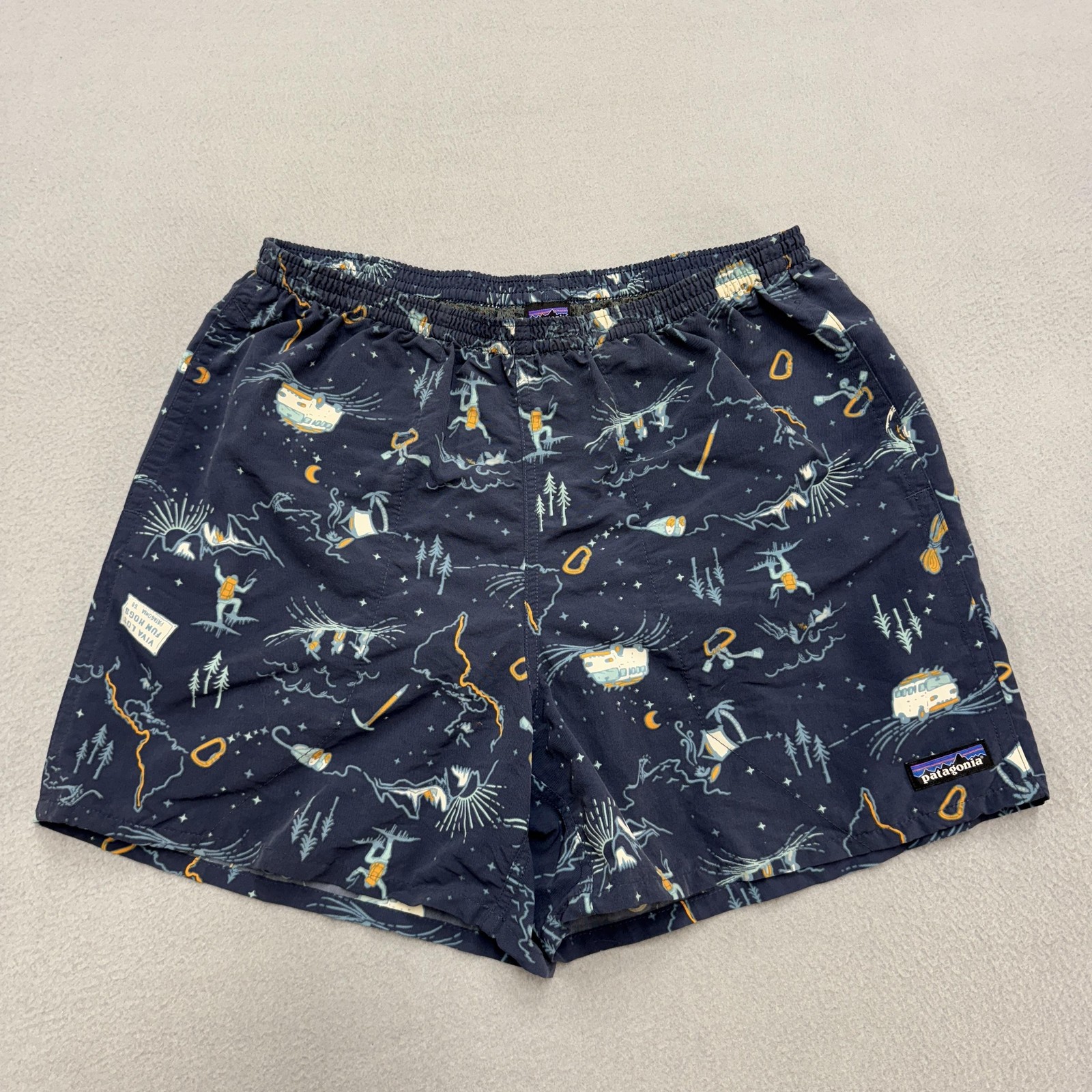 Patagonia Shorts Mens Medium Blue Viva Los Fun Hogs Swim Trunks Mesh Lined Surf