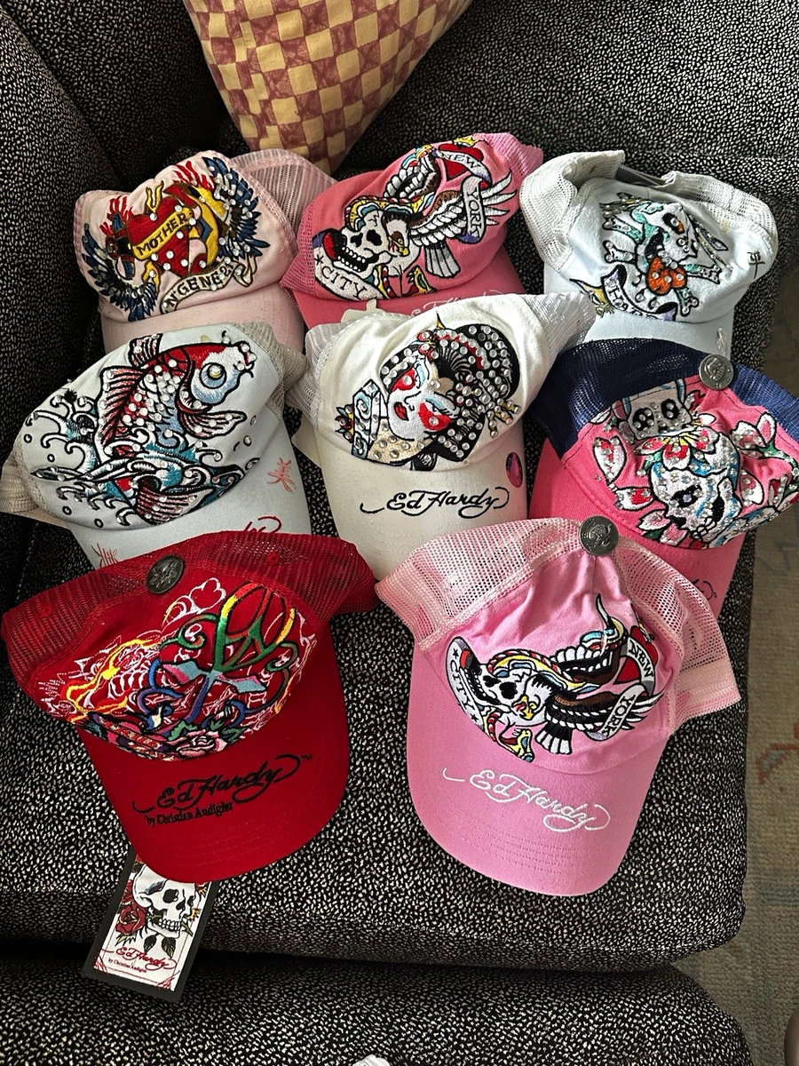 Ed Hardy Women\'s‎ Women\'s Rhinestone Skull Trucker Hat Pastel Pink Blue Mesh Y2K Ed Hardy Cotton Heart Skull Trucker Hat with Rhinestones in  main image 3