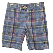 Polo Ralph Lauren Boys Madras Plaid Swim Trunks Youth M Mesh Lined Pony Logo