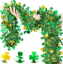 33' St Patricks Day Garland Decor Gold Green Shamrock Hat Tinsel Garland, Shiny