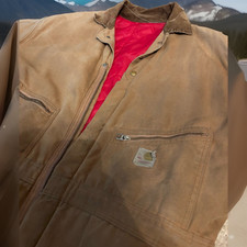 Carhartt Men's Brown Cotton Insulated Zip Front Work Coveralls Red Lining