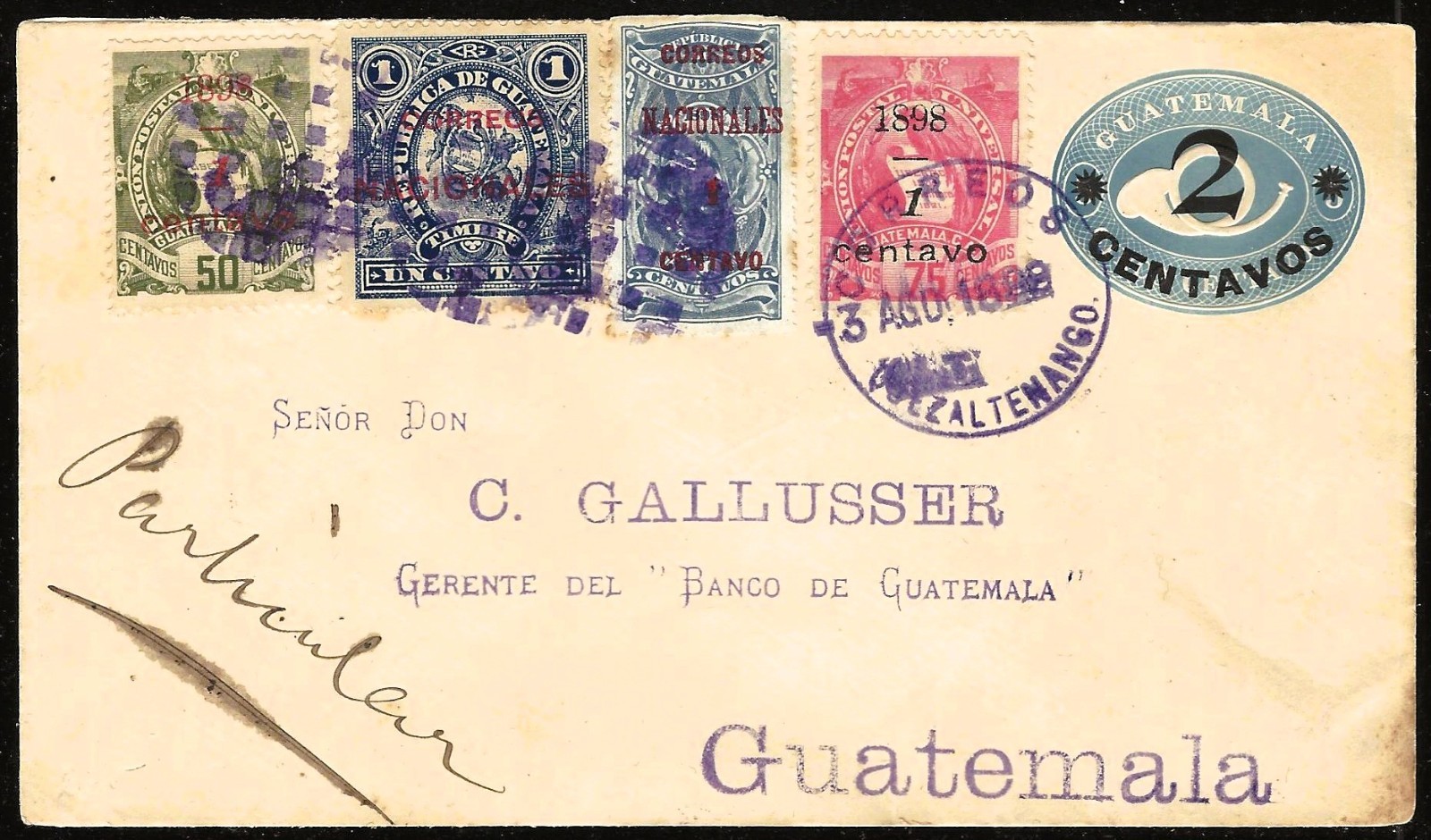 GUATEMALA 1899 COVER FROM QUEZALTENANGO WITH CARTERO MARKING