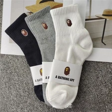 A Bathing Ape BAPE Embroidered Head Crew Socks 3 Pack Black Gray White New