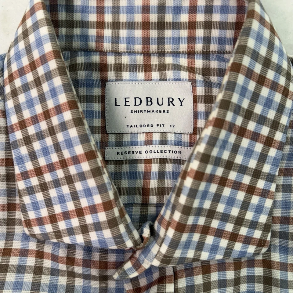 Ledbury Reserve Collection 量身定制格子牛津纽扣衬衫男式 XL 17 — 第 4/4 张图片