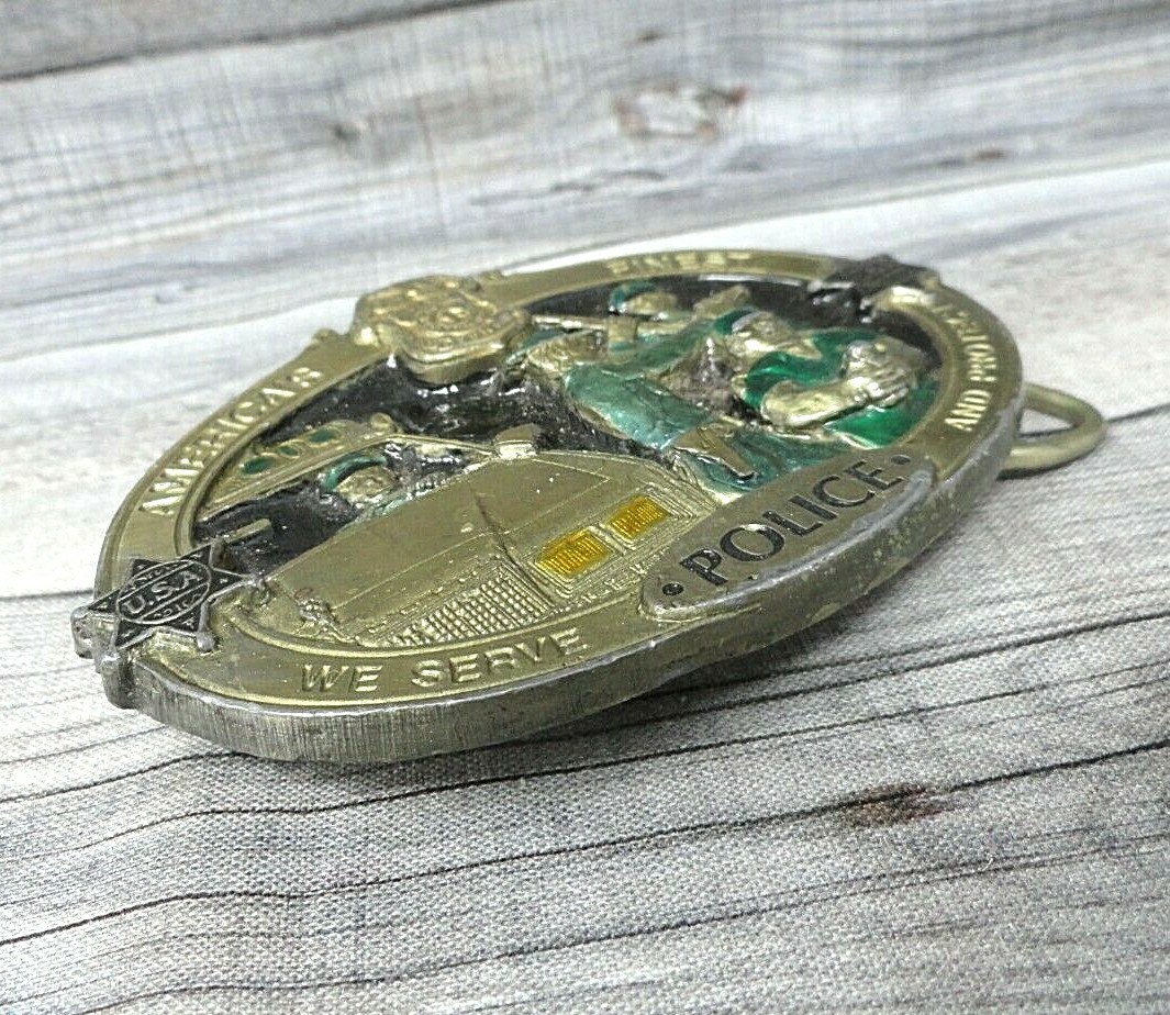 Police Belt Buckle Americas Finest Serve Protect Badge Vtg 80s CJ Inc      .B138