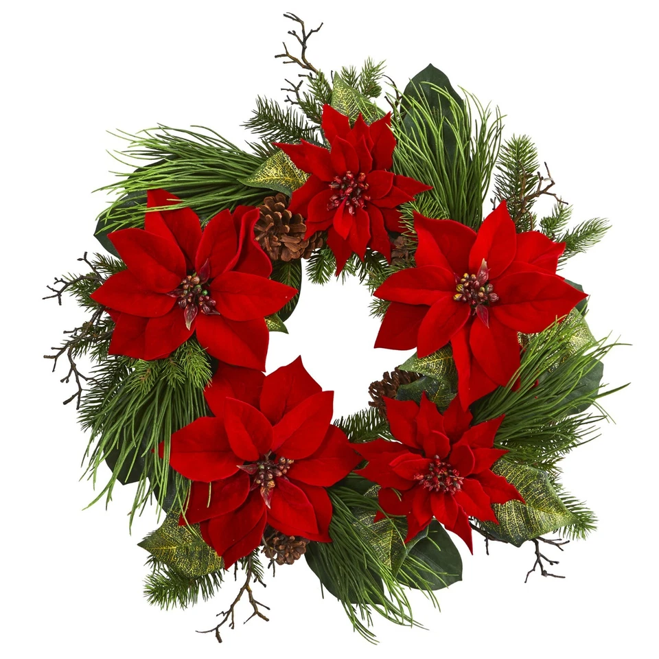 28” Poinsettia And Pine Wreath by Nearly Natural - Image 2 of 2