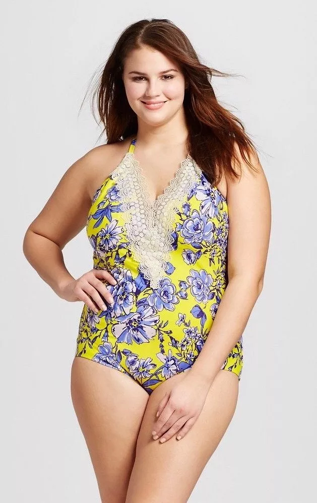 New Retro Sea Angel Yellow Floral Embroidered Lace Maillot 1 Piece