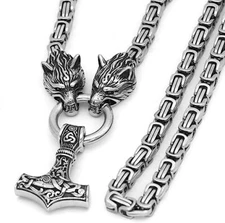 Mens Viking Wolf Thor Hammer Pendant Stainless Steel Necklace Norse Mjolnir Odin