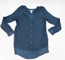 H&M Shirt Womens Sz 6 Blue Button Up Long Sleeve Collarless
